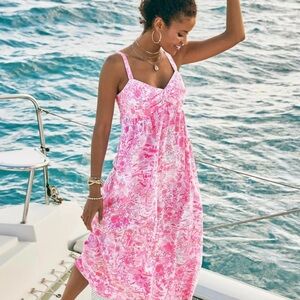 Lilly Pulitzer Azora Cotton Midi Dress Peony Pink Seaside Scene size 14 NWT